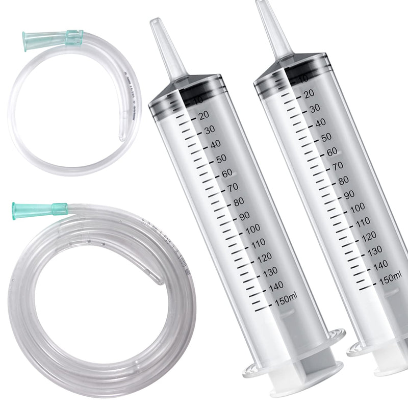 2 PCS 150 ML Large Syringes with 2 PCS Tubes (40.9inch /13inch) ,Plastic Garden Industrial Syringes for Scientific Labs, Measuring, Watering, Refilling, Filtration Multiple Uses