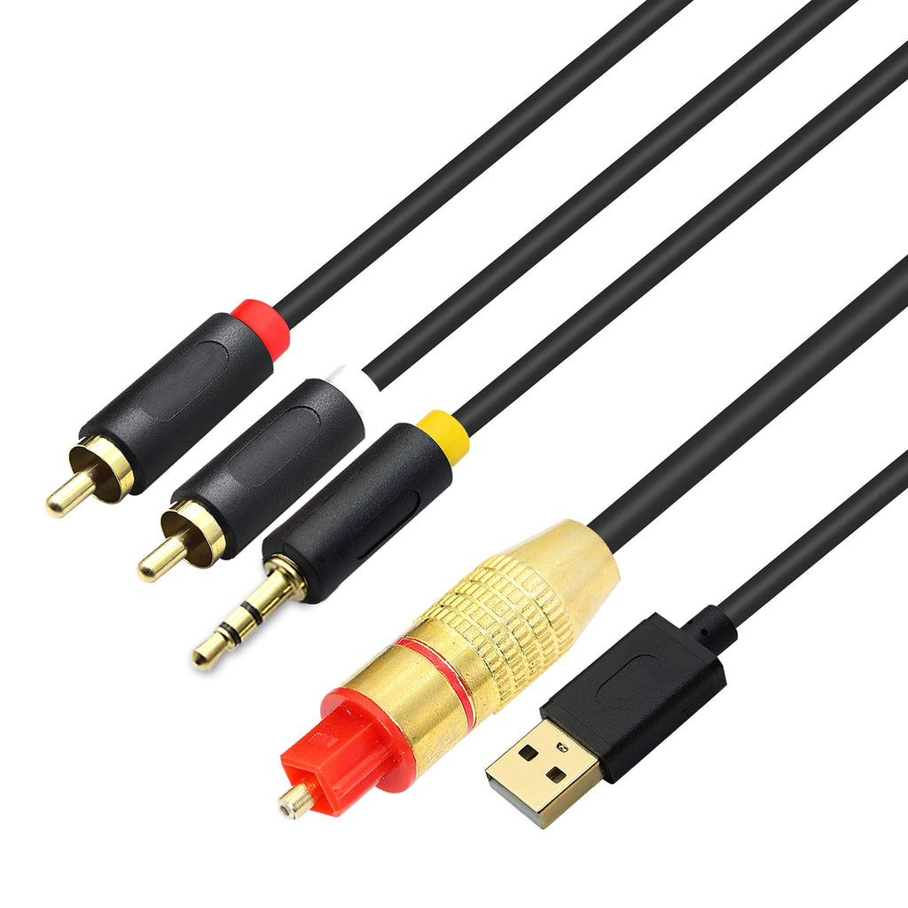 GINTOOYUN USB Fiber Optic Digital Analog Audio Cable, AUX SPDIF Digital Fiber Optic to 3.5mm + 2 RCA Jack Converter Audio Cable for TV, PS4, Blu-Ray Player, Multimedia Speaker