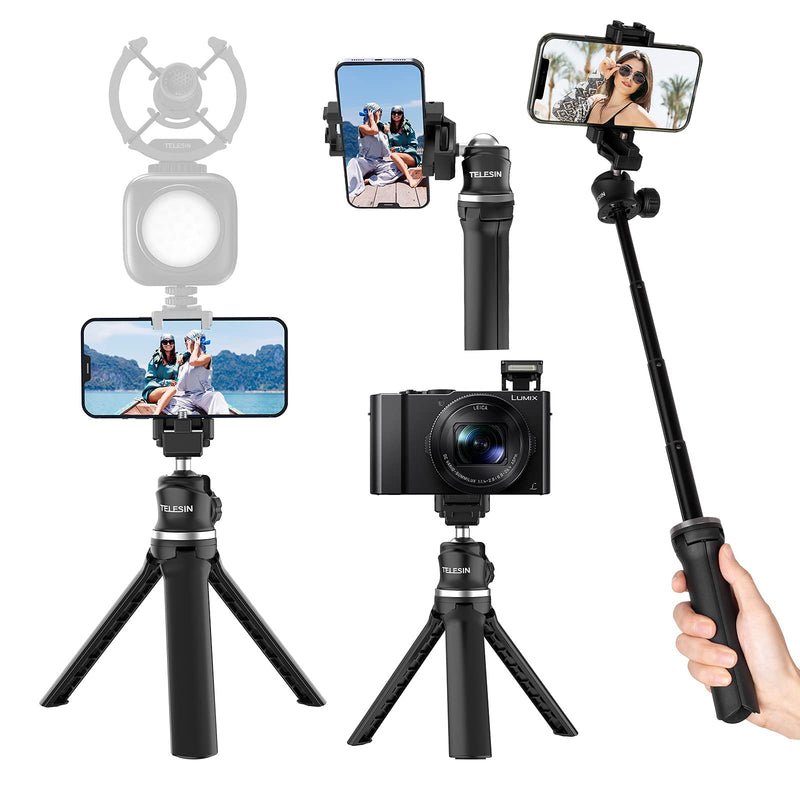 Camera Phone Tripod, Adaptom Extendable Selfie Pole Stand with Phone Clip 360 Rotation Tripod Ball Head for GoPro Insta360 DJI Osmo Pocket Action SLR Digital Mirrorless Cameras Mobile Phones
