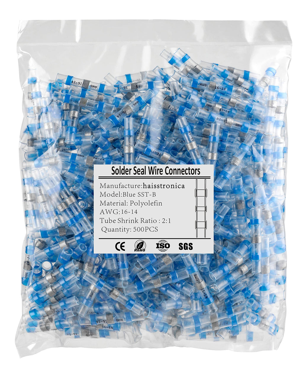 500PCS Blue Solder Seal Wire Connectors AWG16-14,haisstronica Marine Grade Waterproof Solder Wire Connectors,Heat Shrink Butt Connectors,Insulated Butt Splice Electrical Connectors AWG 16-14 Blue 500