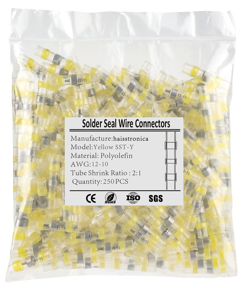 250PCS Yellow Solder Seal Wire Connectors AWG12-10,haisstronica Marine Grade Waterproof Solder Wire Connectors,Heat Shrink Butt Connectors,Insulated Butt Splice Electrical Connectors AWG 12-10 Yellow 250