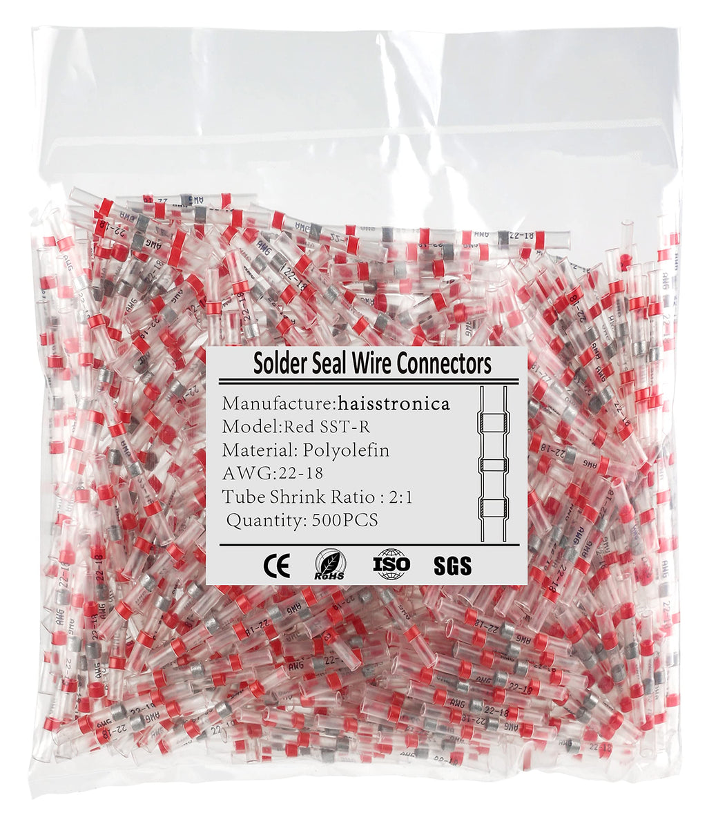 500PCS Red Solder Seal Wire Connectors AWG22-18,haisstronica Marine Grade Waterproof Solder Wire Connectors,Heat Shrink Butt Connectors,Insulated Butt Splice Electrical Connectors AWG 22-18 Red 500