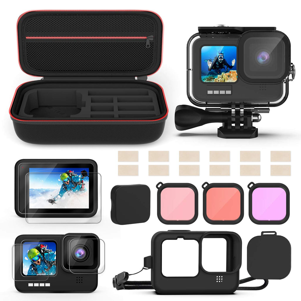 Underwater Waterproof Housing Case for GoPro Hero 10/GoPro Hero 9 Bundle, Waterproof Housing Case+ Tempered Glass Screen Protector+ Silicone Case+ Carrying Case+ Anti-Fog Inserts+ Snorkel Filters