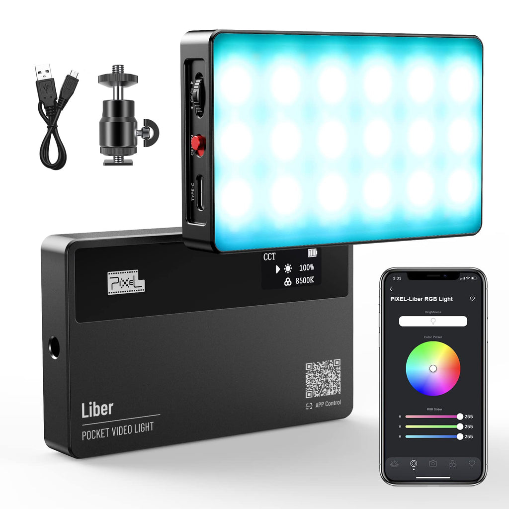 Pixel Liber RGB Video Light,Support Magnetic Attraction and App ,Full Color,2500K-8500K, Mini LED Aluminum Alloy Body Portable Pocket Video Light for Tiktok, Video Conference, Photography，YouTube. black