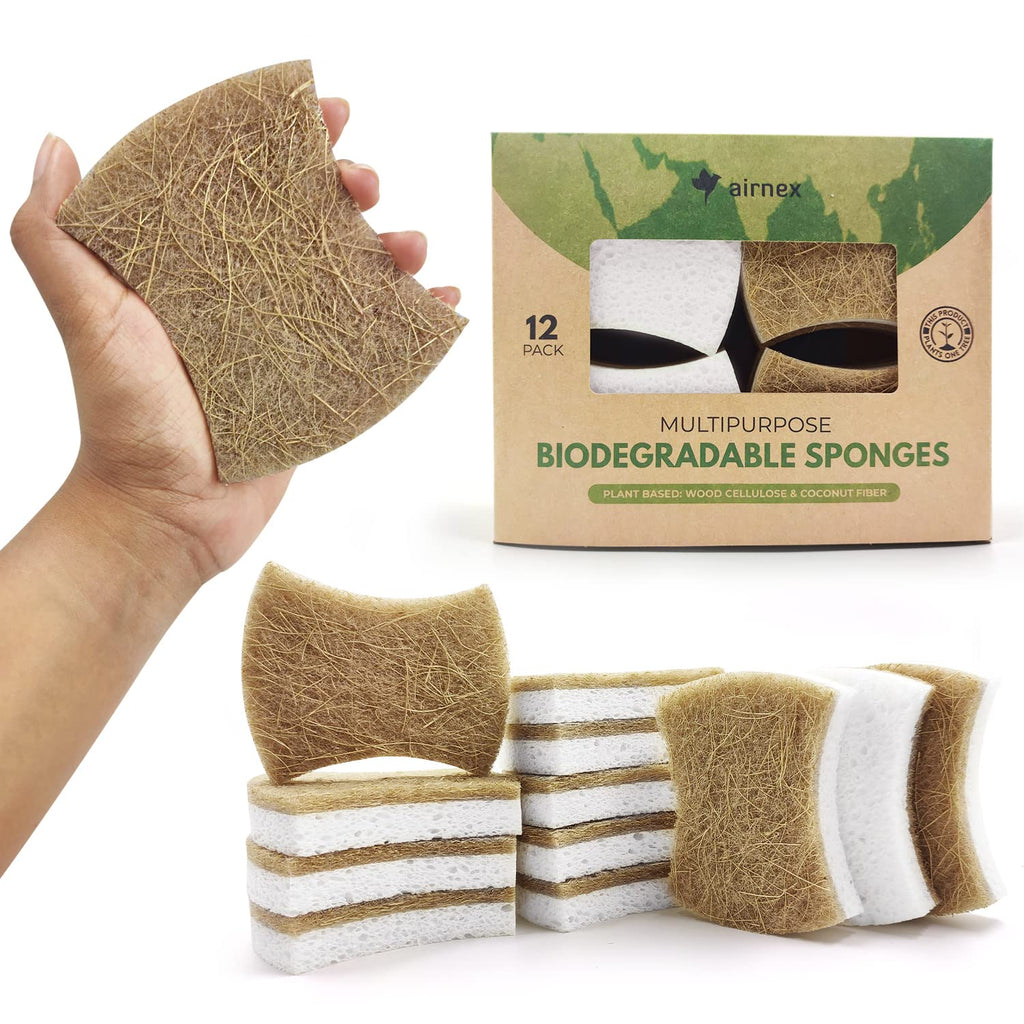 Biodegradable Natural Kitchen Sponge - Compostable Cellulose and Coconut Walnut Scrubber Sponge - Pack of 12 Eco Friendly Sponges for Dishes