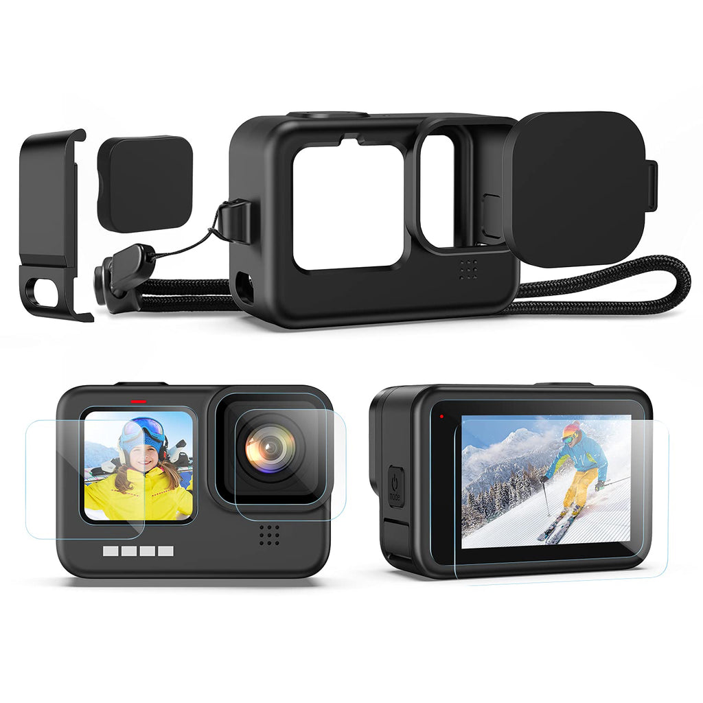 Accessories Kit for GoPro Hero 10/GoPro Hero 9 Black, Silicone Sleeve Case with Lanyard+ 6PCS Tempered Glass Screen Lens Protector + Lens Cover Cap + Replacement Side Door for GoPro hero10/ hero9