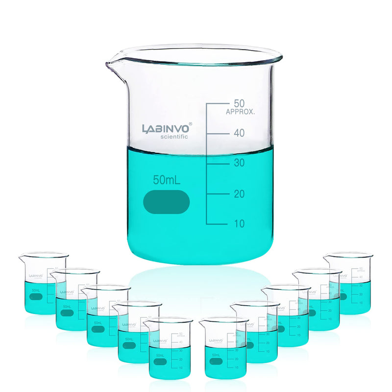 LABINVO Low Form Graduated Glass Beaker, 10pcs of Vol.50ml, 3.3 Borosilicate Glass, IN-BKL50 10 PCS of 50 mL