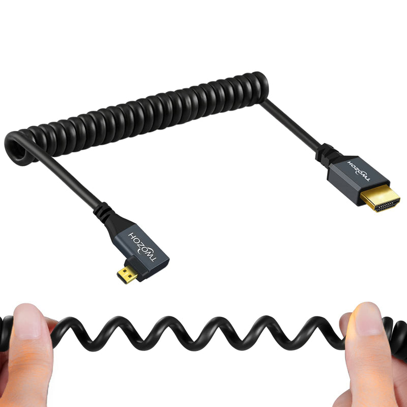 Twozoh Right Angled Coiled Micro HDMI to HDMI Cable, Micro HDMI to HDMI Coiled Cable 90°Degree Stretched Length 30cm to 150cm - Supports 3D/4K 1080p(5FT) Right Angled Micro to HDMI