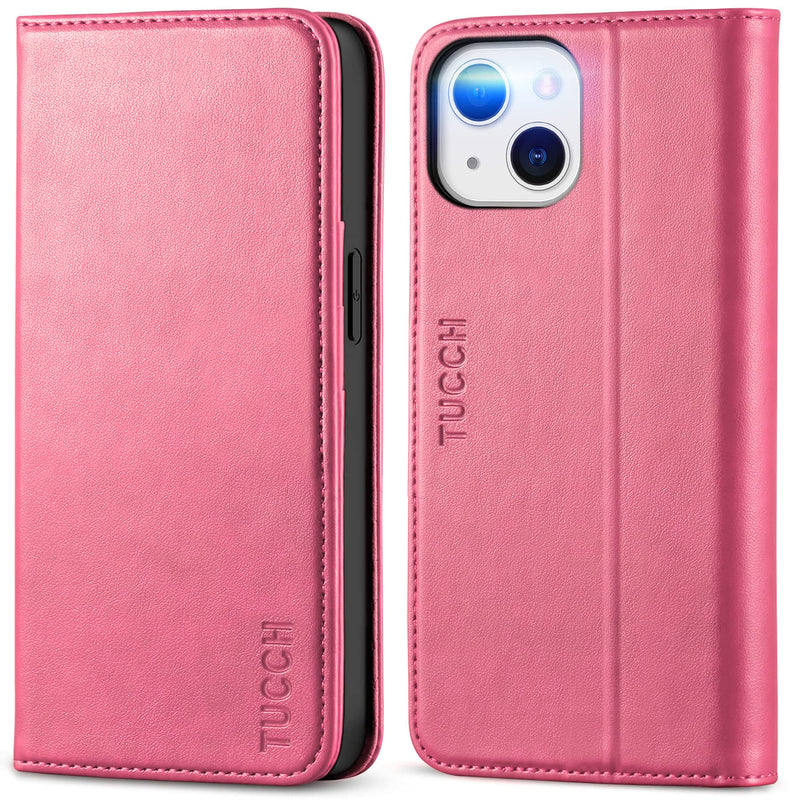 TUCCH Wallet Case for iPhone 13 5G, Credit Card Holder Money Slot Case Wallet, Kickstand PU Leather Folio Flip Cover [TPU Interior Protective Case] Compatible with iPhone 13 6.1", Hot Pink