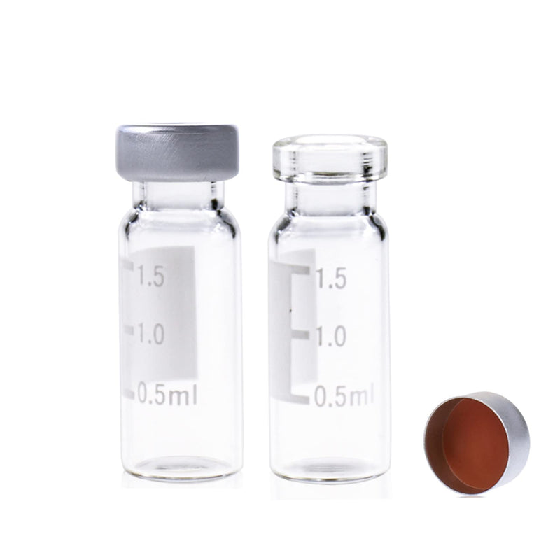 PEKYBIO 2ML Autosampler Vial, Clear 11mm Wide Opening Crimp Top Vial, GC Vial with Graduation, 11mm Aluminum Silver Crimp Seals &Septa, 100pcs