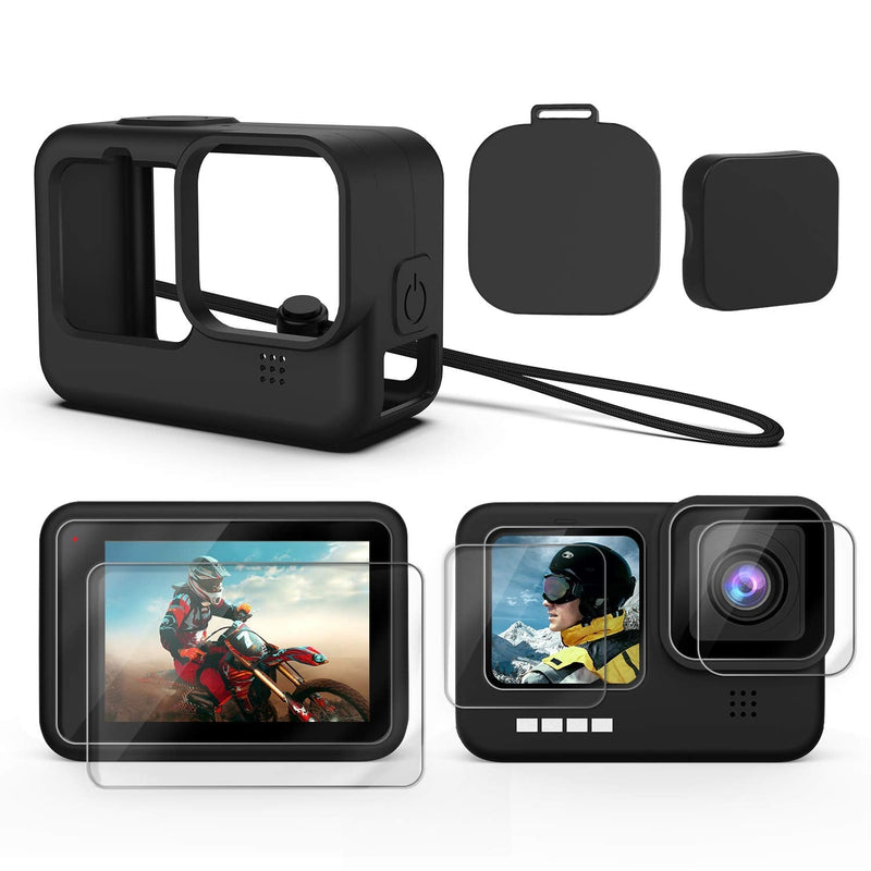 Accessories Kit for GoPro Hero 10/9 Black, Silicone Sleeve Protective Case with Rubber Cap + 6Pcs Tempered Glass Screen Protector with Lens Cover Cap for GoPro Hero 10/9
