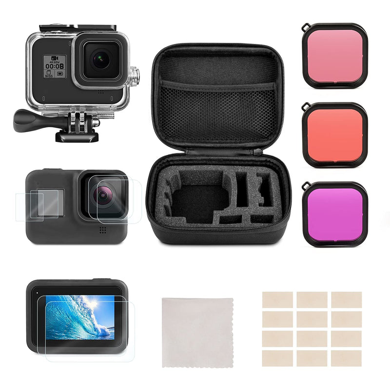 Accessories Kit for GoPro Hero 8 Black with Small Shockproof Case + Waterproof Housing Case + Tempered Glass Screen Protectors + Lens Filters + Anti-Fog Inserts Bundle