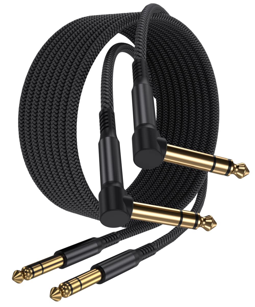 1/4 Inch TRS Instrument Cable 10FT 2-Pack,Right-angle to Straight 6.35mm Male Jack Stereo Audio Cord,6.35 Balanced Interconnect Line for Electric Guitar,Bass,Keyboard,Mixer,Amplifier,Speaker,Equalizer Black 10 FT