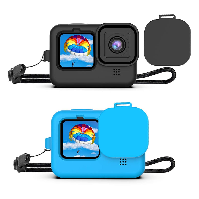 2PCS Silicone Rubber Protective Case for GoPro Hero 10/9 Black, Silicone Sleeve Housing Case with Lanyard Lens Caps Compatible with GoPro Hero 10/9(Black and Blue)