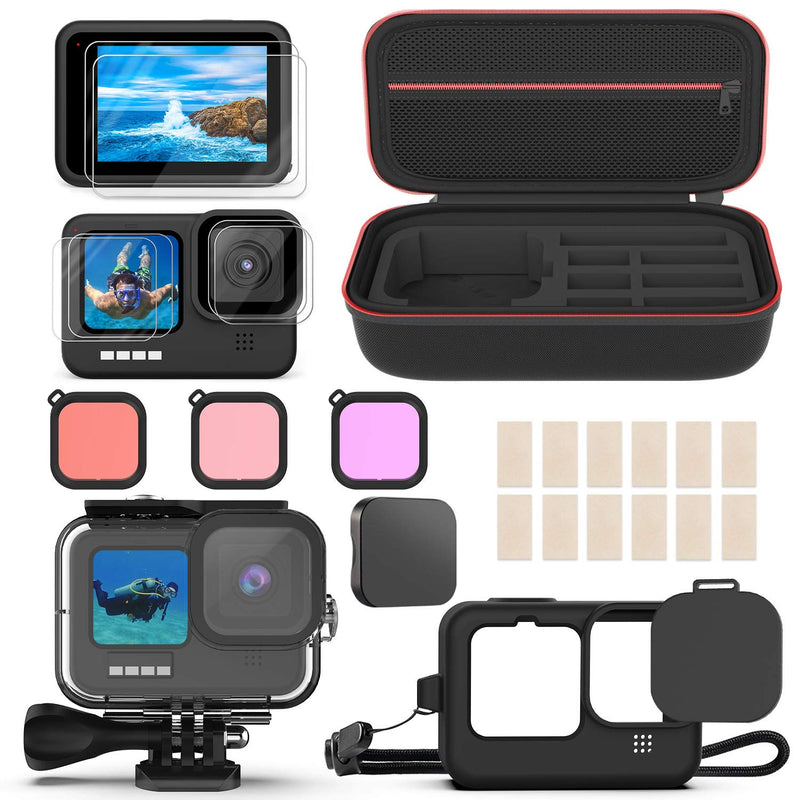 Accessories Kit for GoPro Hero 10/9, Shockproof Small Carry Bag + Waterproof Housing Case + Tempered Glass Screen Protector + Silicone Cover + Snorkel Filter Bundle