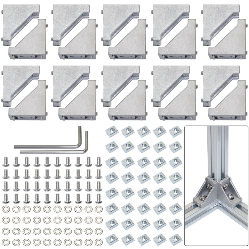 CheeMuii 2020 Corner Bracket Kit,20pcs Corner Brackets 40pcs Hex Screws 40pcs Sliding Nuts,40pcs Washers and 2pcs Hex Wrenchs for Slot 6mm 20s Aluminum Extrusion Profile Rail Accessories 20sets Silver