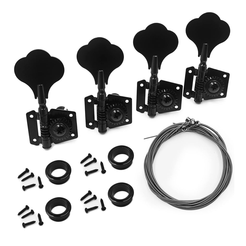4R Bass Tuning Pegs Vintage Open Geared Locking Keys 4-in-line Tuners Machine Heads with 4 Strings Right Hand for Jazz Precision P Bass Replacement, Black