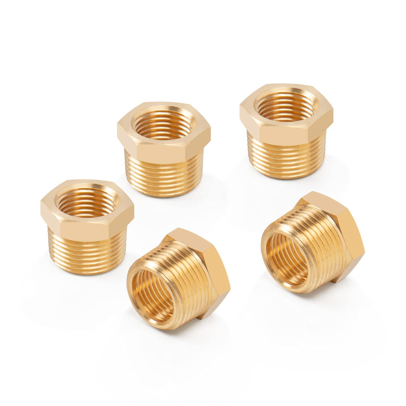 BathAce Brass Reducer Hex Bushing Threaded Pipe Fitting, Heavy Duty Threaded Pipe Fitting Adapter (1/2 Male NPT x 3/8 Female NPT, 5) 1/2 Male NPT x 3/8 Female NPT