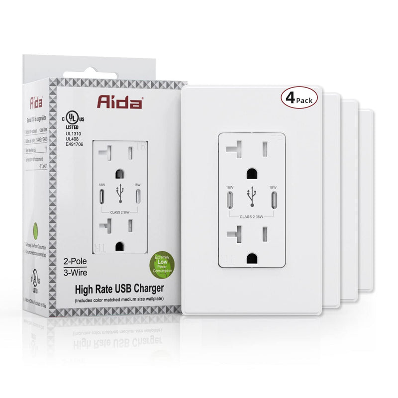 AIDA 36W Quick Charge Type C USB Outlets with USB Ports Fast Charge, 20 Amp Outlet with Tamper Resistant, UL Listed, Screwless Wall Plate Included ( White, 1 Pack ) 20Amp&TypeCC