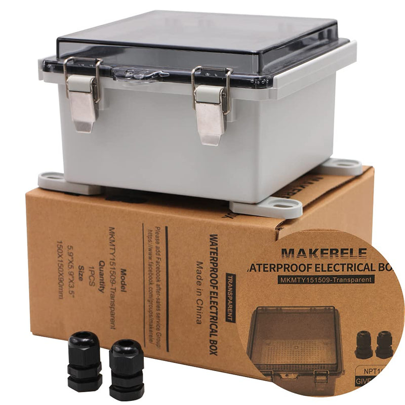 [AUSTRALIA] - MAKERELE Electrical Junction Box,Hinged Cover Transparent Lid IP67 Outdoor Electrical Project with Plastic Enclosure 5.9×5.9×3.5 inch(150×150×90mm) 5.9*5.9*3.5 