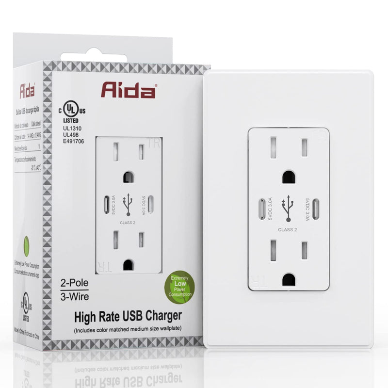AIDA 30W 6.0Amp Type C Outlet with USB Ports Fast Charge, 15 Amp Outlet with Tamper Resistant, UL Listed, Screwless Wall Plate Included ( White, 1 Pack ) 15Amp&TypeCC