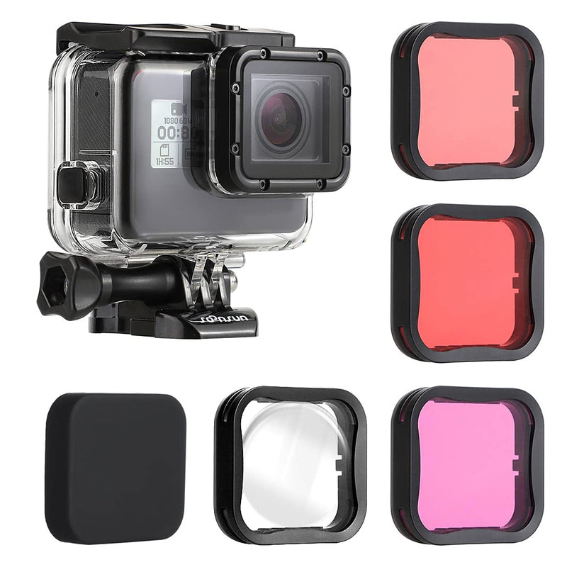 SOONSUN Waterproof Housing Case with 4-Pack Lens Filters for GoPro Hero 7 6 5 Black Hero (2018), Dive Housing with Red, Light Red, Magenta, and 5x Close-up Filters for Underwater Video and Photography Waterproof Housing with 4-Pack filter