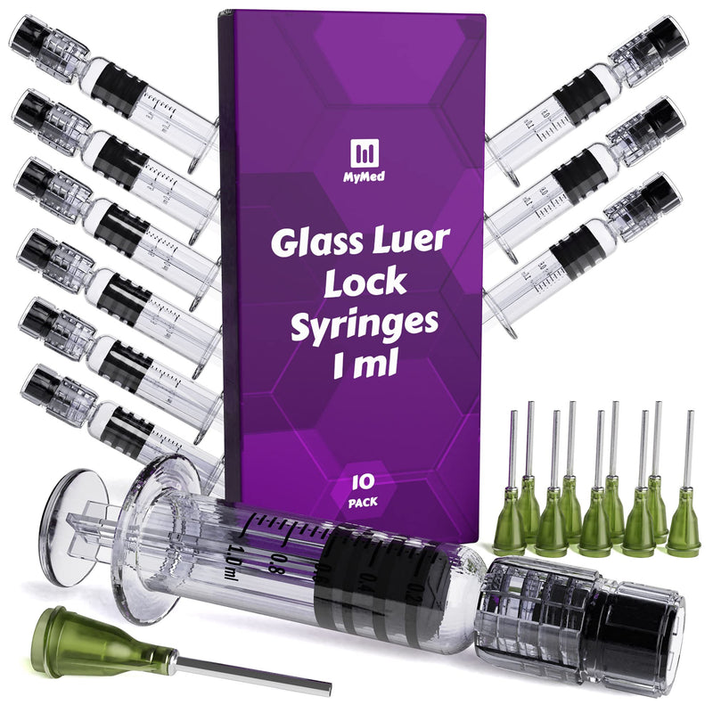 MyMed 10 Pack Borosilicate Glass Luer Lock Syringe 1ml Capacity Reusable Glass Syringes - Use for Arts and Crafts, Thick Liquids, Oils, Vet, Glue, Lab, Ink with 10GA Blunt Tip Pet Safe Needles
