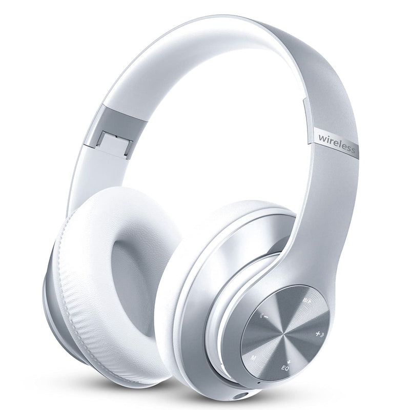 Bluetooth Headphones Over-Ear, 60 Hours Playtime Foldable Lightweight Wireless Headphones Hi-Fi Stereo with 6 EQ Modes, Bass Adjustable Headset with Built-in HD Mic, FM, SD/TF for Cell Phone/PC/Home Silver