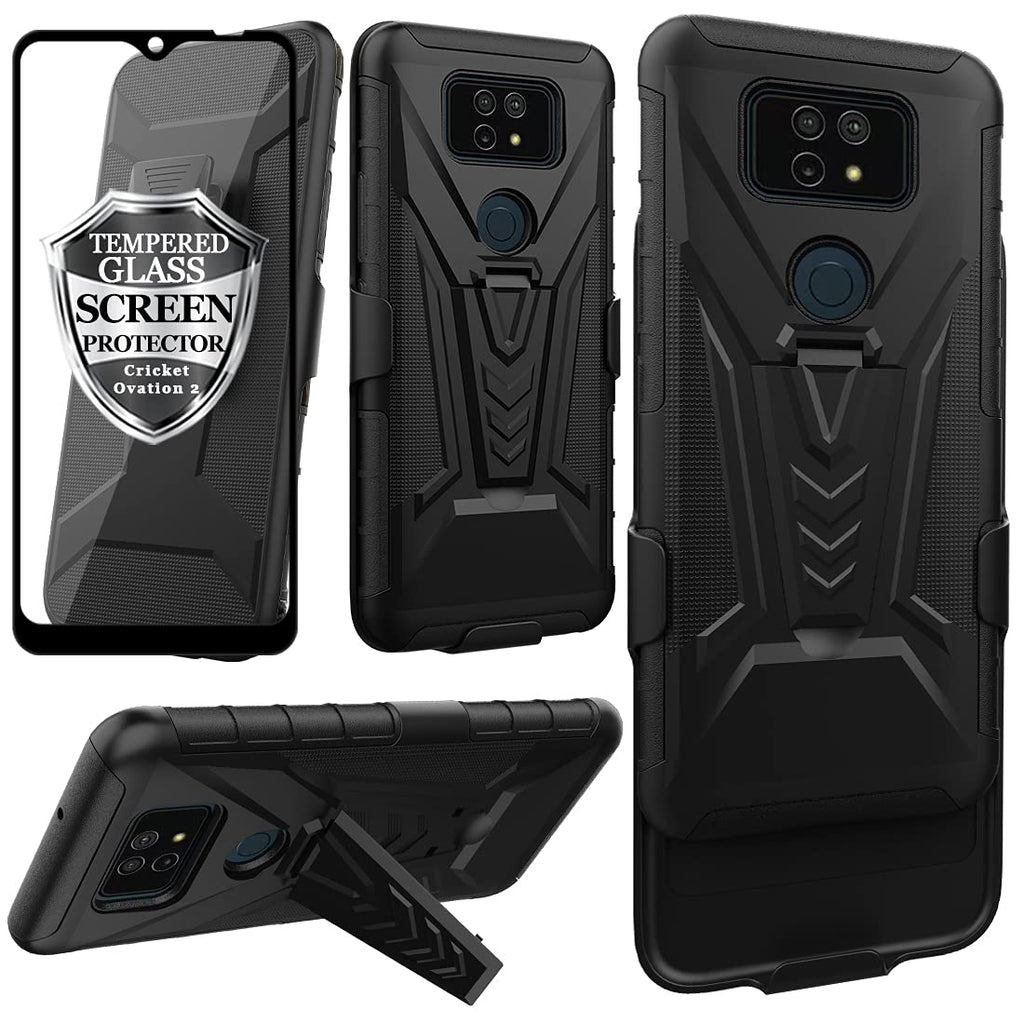 Ailiber Compatible with Cricket Ovation 2 Case, AT&T Maestro Max(2021) Case Holster with Screen Protector, Swivel Belt Clip Holster Kickstand Holder, Heavy Duty Rugged Cover for Cricket Ovation2-Black Screen Protector & Black