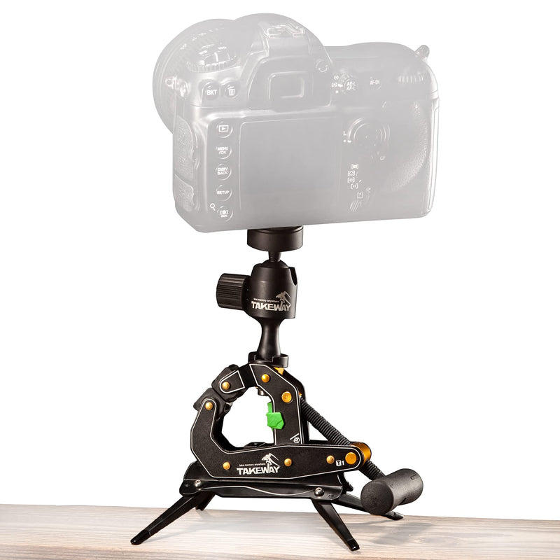 TAKEWAY Camera Clamp Mount Tabletop C Clamp Mount Stand with Phone Holder, 360°Rotatable Mini Ball Head and 1/4" Screew Quick Release Clamp for GoPro/Brinno/DSLR/MILC/SLR Camera and Smartphone T1-PLUS