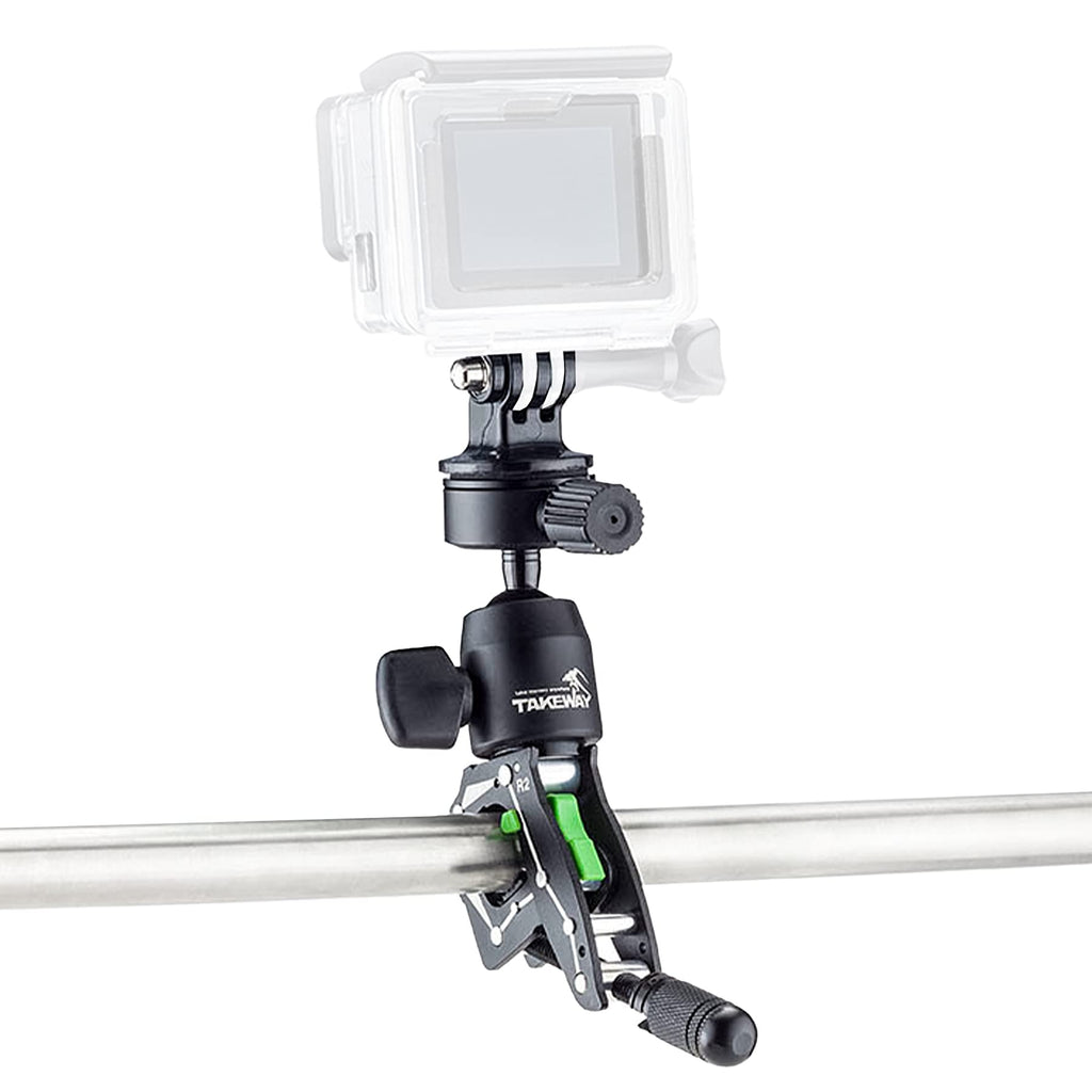 TAKEWAY Adjustable Camera Clamp Mount with 360°Rotatable Mini Ball Head and 1/4" Screew Quick Release Tabletop C Clampod Bar Clamp for GoPro/Brinno/DSLR/MILC/SLR Camera and More Action Camera R2