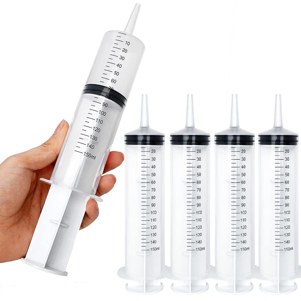 4 Pack 150ml/cc Large Syringe Plastic Liquid Measuring Syringe Tools Individually Sealed with Measurement for Scientific Labs, Measuring Liquids, Feed Pets, Medical Student, Oil or Glue Applicator