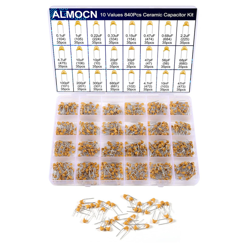 ALMOCN 24 Values 840 Pcs Ceramic Capacitor Assortment Kit,Capacitors Range 10pF to 10uF Multilayer Monolithic Ceramic Capacitor with Box 840PCS