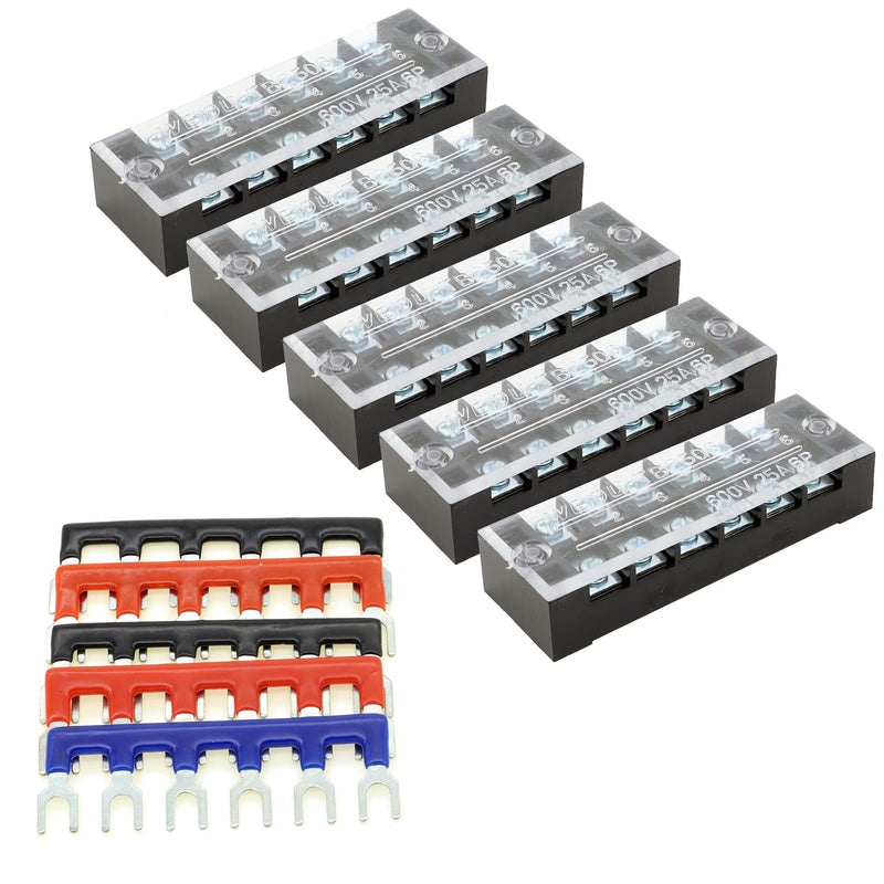 JBT 5 Set Terminal Blocks, 600V 25A Dual Row Screw Terminal Strip with 5 pcs 400V 25A Pre-Insulated Terminal Barrier Strip (6 Positions) 6 Positions