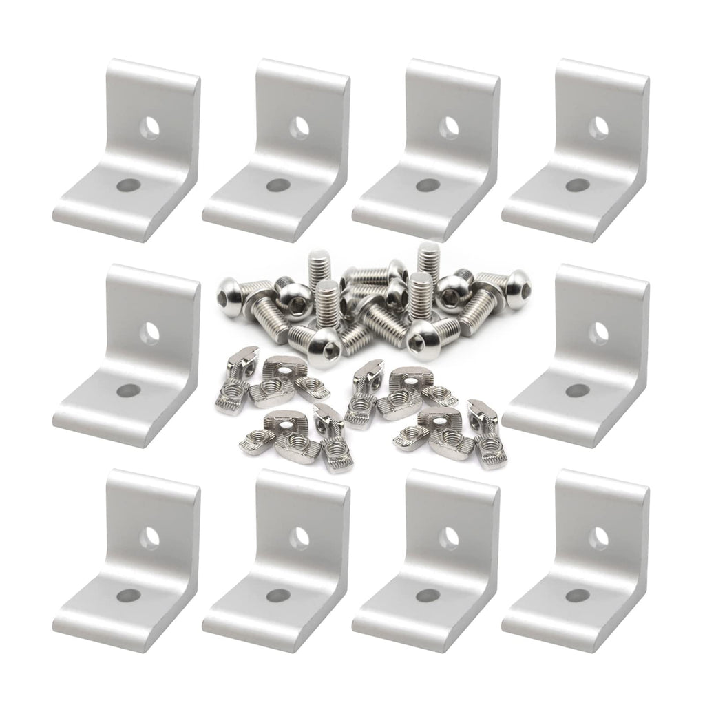1" x 1" Aluminum Extrusion Profiles 1010 Series Joint Plate Corner Angle Bracket Connector Set, 10pcs 90 Degree Bracket with T Slot Nus Hex Screw Bolt Used on 1 Inch x 1 Inch Extrusion Profiles Rail