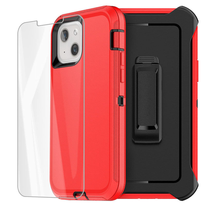 AICase for iPhone 13 Case with Belt-Clip Holster, Screen Protector, Heavy Duty Protective Phone Case, Military Grade Full Body Protection Shockproof/Dustproof/Drop Proof Rugged Durable Cover (Red) Red/black