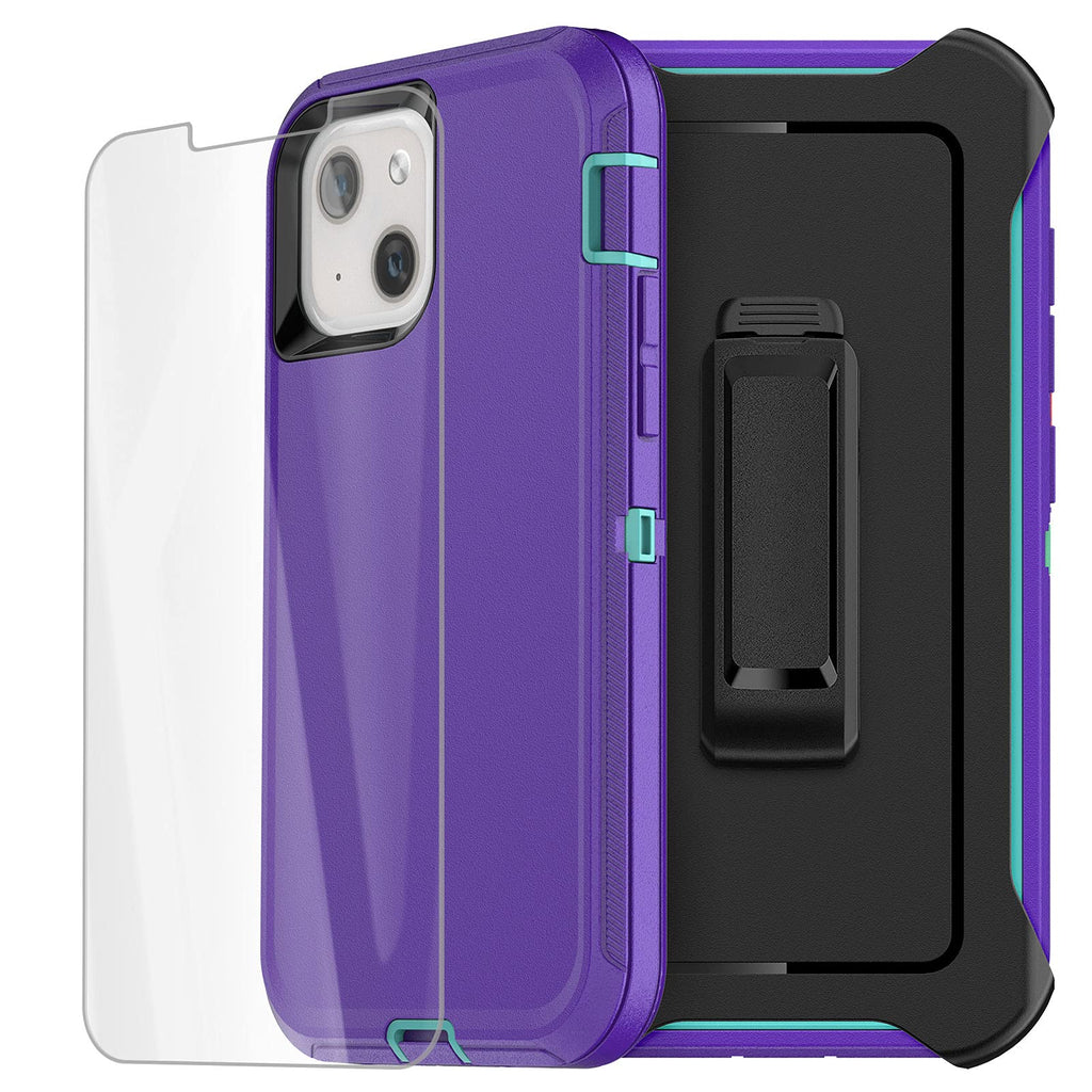 AICase for iPhone 13 Mini Case with Belt-Clip Holster, Screen Protector, Heavy Duty Protective Phone Case, Military Grade Full Body Protection Shockproof/Dustproof/Drop Proof Rugged Cover (Purple) Purple/pool blue