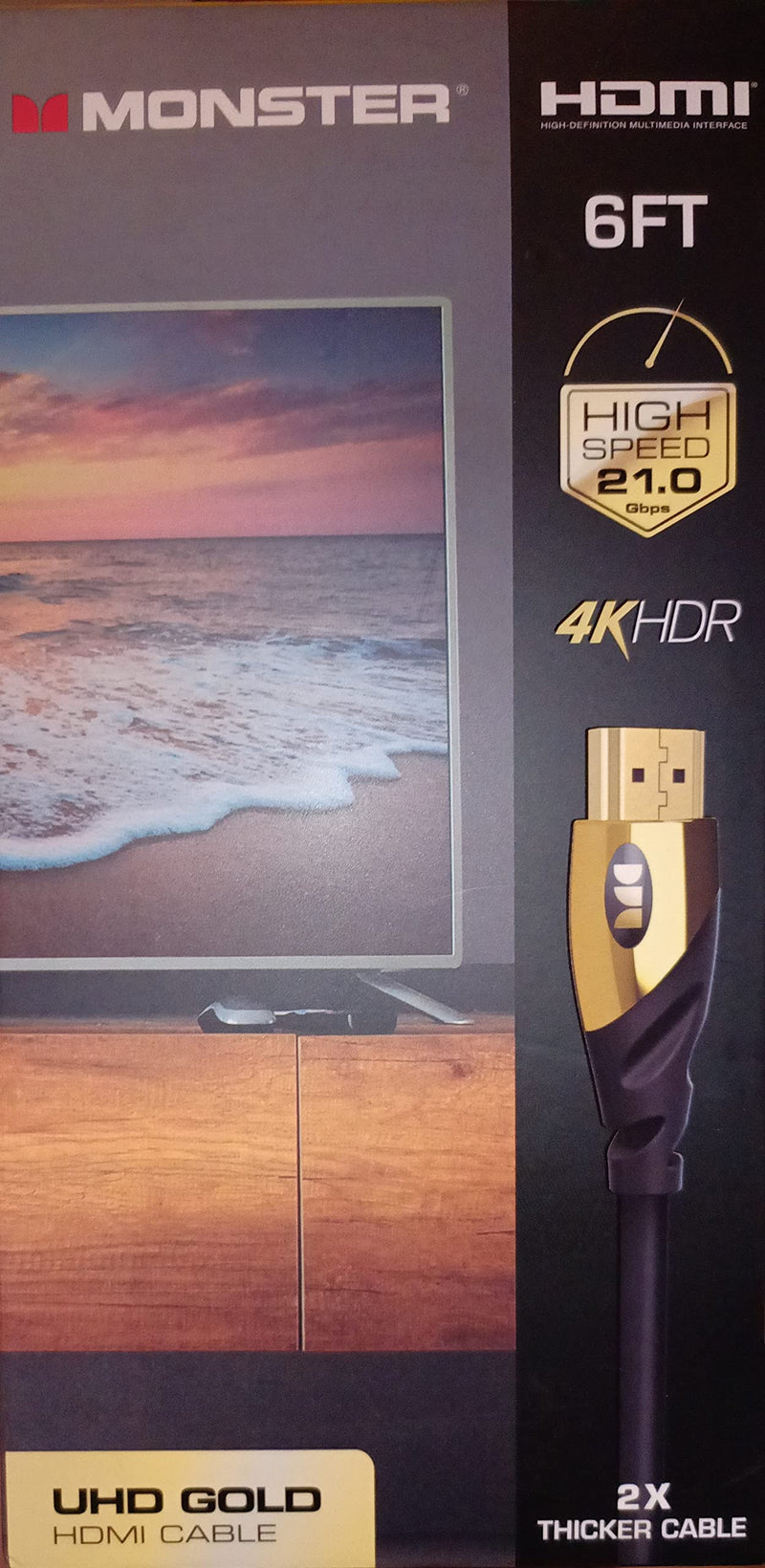 Monster 6 ft UHD Gold HDMI Cable, Supports 4K Resolution, Speeds of 60 Hz and 21 Gigabytes per Second, Compatible with OLED and QLED TVs