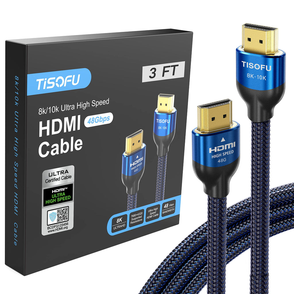 8K HDMI Cable 4K Cord: 3ft Certified 2.1 48Gbps Ultra High Speed HDMI Cables Premium Braided 8K@60Hz 4K@120Hz 4K@144Hz HDCP 2.2&2.3 CL3 ARC eARC Dolby - HD/HDR/HDTV/PS5/PS4/Xbox Blue