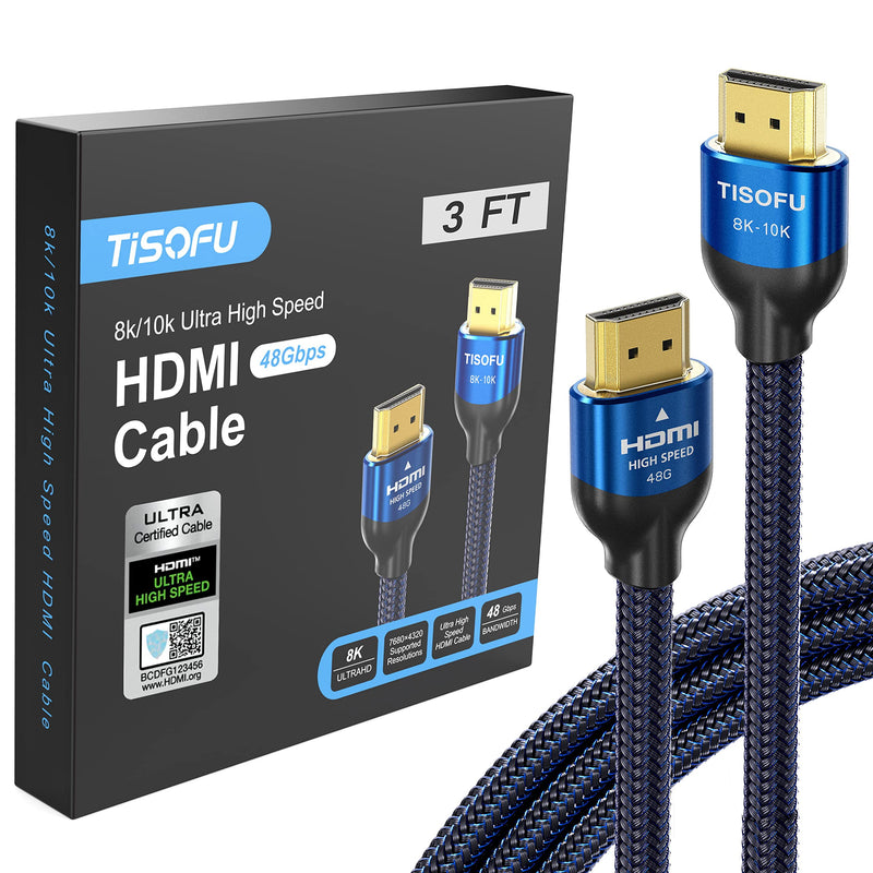 8K HDMI Cable 4K Cord: 3ft Certified 2.1 48Gbps Ultra High Speed HDMI Cables Premium Braided 8K@60Hz 4K@120Hz 4K@144Hz HDCP 2.2&2.3 CL3 ARC eARC Dolby - HD/HDR/HDTV/PS5/PS4/Xbox Blue