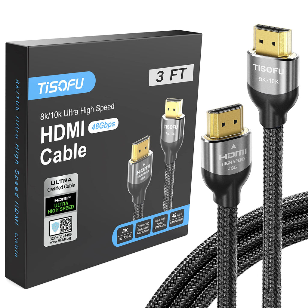8K HDMI Cable 4K Cord: 3ft Certified 2.1 48Gbps Ultra High Speed HDMI Cables Premium Braided 8K@60Hz 4K@120Hz 4K@144Hz HDCP 2.2&2.3 CL3 ARC eARC Dolby - HD/HDR/HDTV/PS5/PS4/Xbox Grey