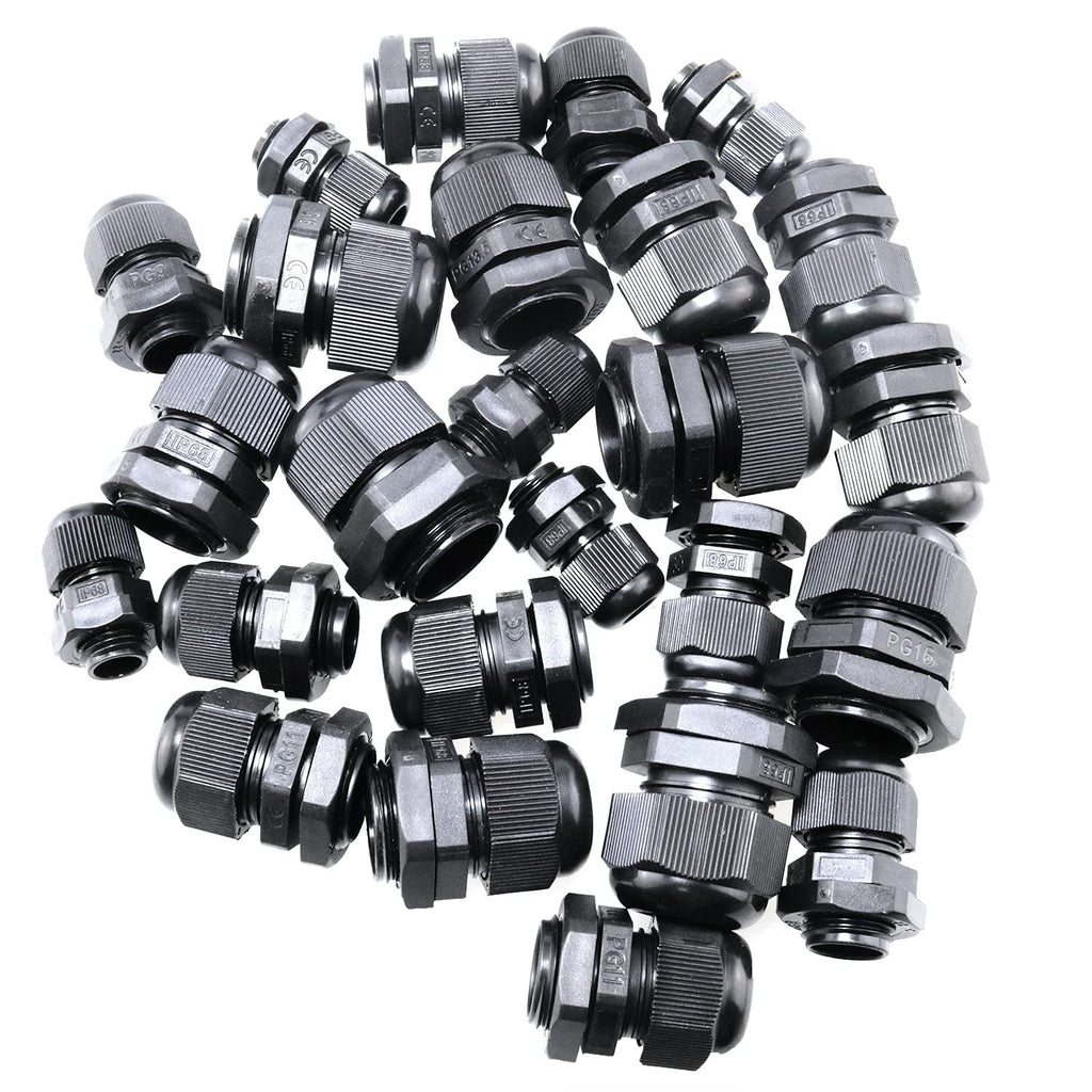 E-outstanding 25Pcs Plastic Waterproof Connector Gland, PG7 PG9 PG11 PG13.5 PG16 Cable Gland Connectors Cable Gland Joints With Gaskets, Black