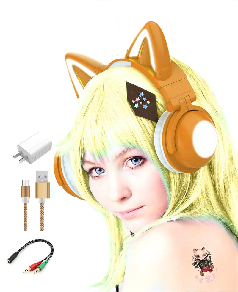 kuayang Wireless Cat Ear Headphones (7 Color Changing) with & 3.5mm Jack, Gaming Pro, Bluetooth&Wired Connection (Orange) Orange