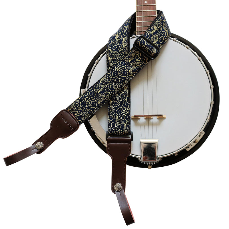 MUSIC FIRST, 2 inch width (5cm), Padded, Vintage Ukiyoe Style"Auspicious Cloud" Soft Muslin & Genuine Leather Delux Banjo Strap, With 2 pieces of MUSIC FIRST Leather Strap Locker. Auspicious Cloud