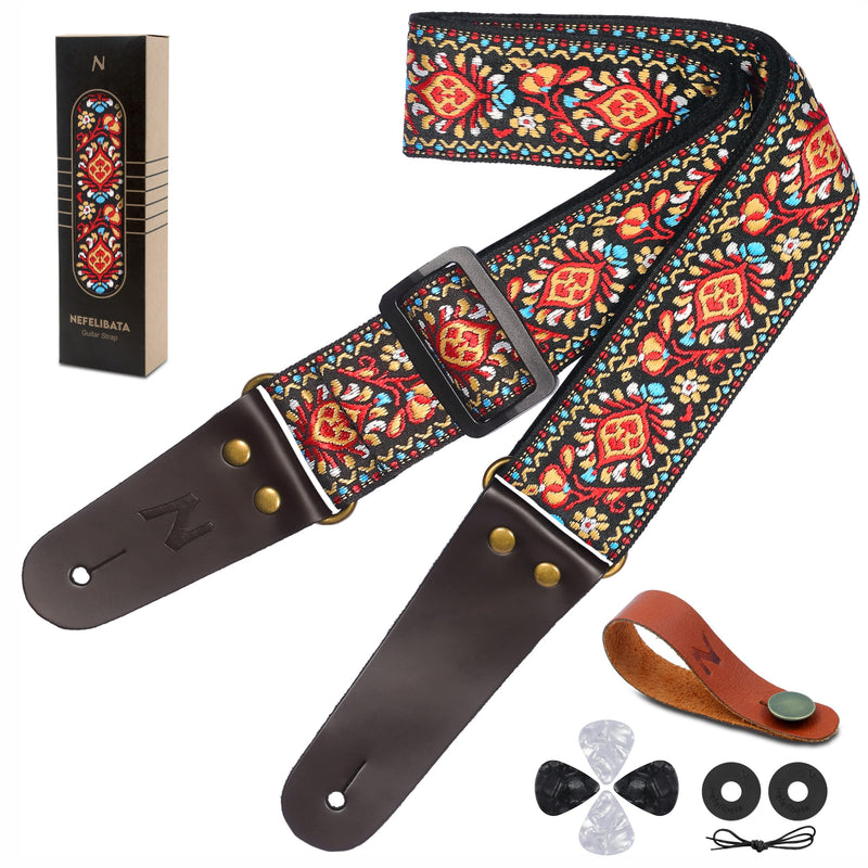 Guitar Strap, Vintage Embroidered Cotton Guitar Straps with Genuine Leather Ends for Bass, Electric & Acoustic Guitars, Come with Free Strap Button, 1 Pair Strap Locks and 4 Guitar Picks (Red Flower) A# - Woodstock Red
