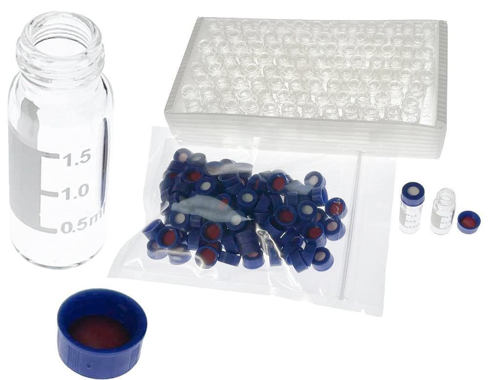 2ml HPLC Vials, Lab Autosampler Vials, 9-425 Clear Vial with Writing Area and Graduations, Screw Cap, Red PTFE and White Silicone Septa, 100 Pcs/Pack