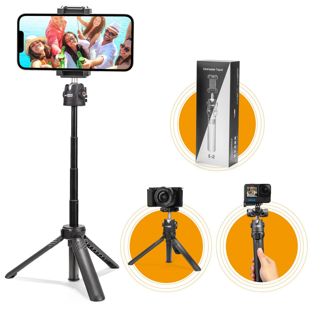 USKEYVISION 17.72inch Phone Camera Extendable Tripod, 3-in-1 Portable Stand for iPhone 13/Pro/Max/Mini, Android Smartphones, for Action Camera and Mirroless Cameras with Action Camera Adapter(E-2)