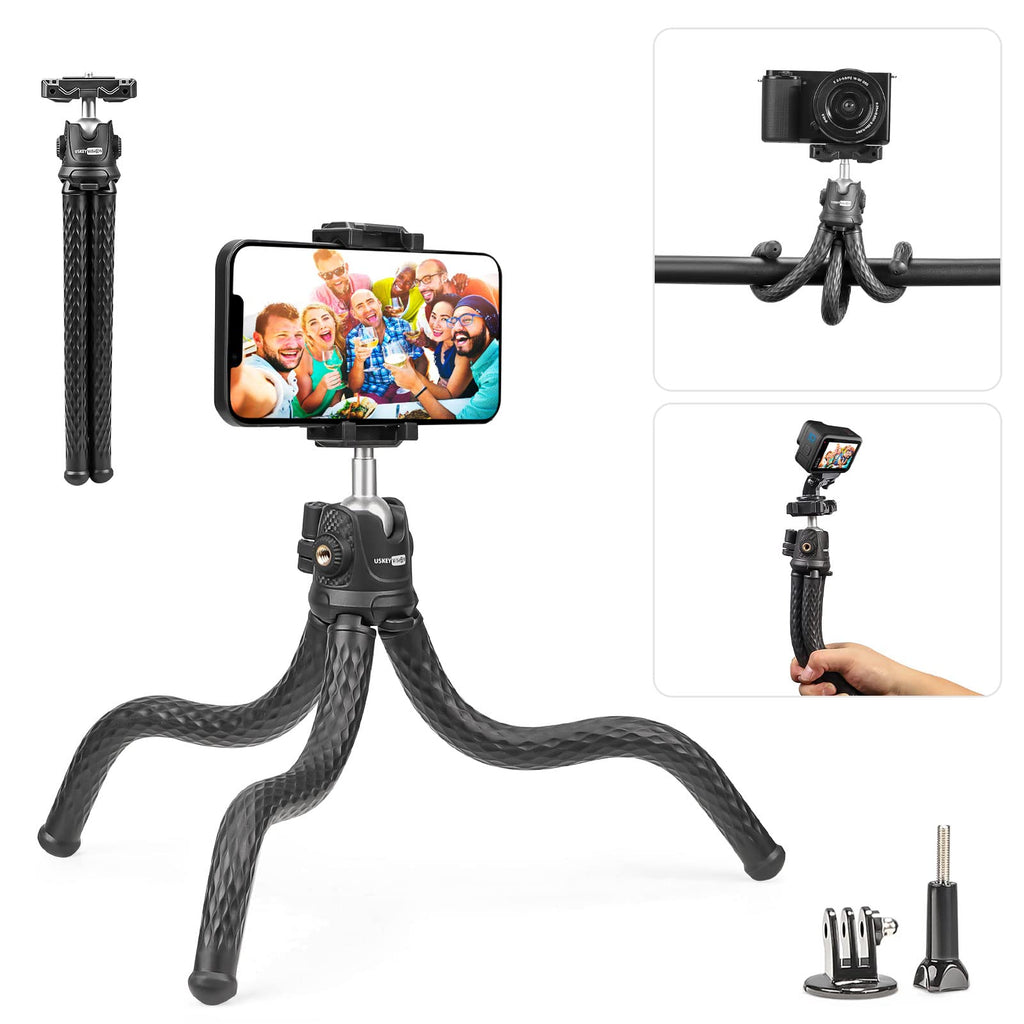 USKEYVISION Flexible Phone Camera Tripod Stand, with Smartphone Clip and Action Camera Adapter, Perfectly Compatible with iPhone 13/Pro/Max/Mini, Smartphones, Gopro & Cameras(Flex-1)