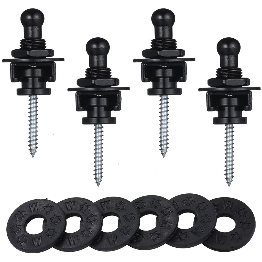 Guitar Straps Lock Set, 4 Pieces Guitar Strap Locks Black Electric Guitar Strap Locks Guitar Strap Button Locks with Easy Remove Screw Release Straplocks 10 Black Washers for Guitar Bass