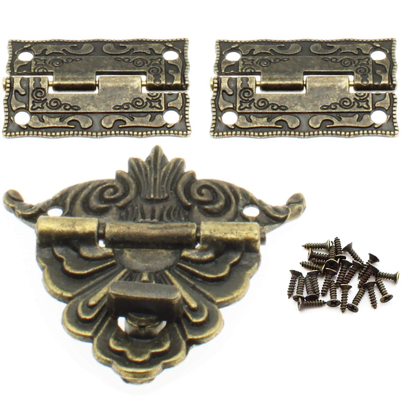 Antique Bronze Rectangular Hasp Latch and Mini Engraved Style Box Hinges Decorative Lock Buckle with Matching Screws [FDXGYH,1 X Hasp + 2 X Hinges]